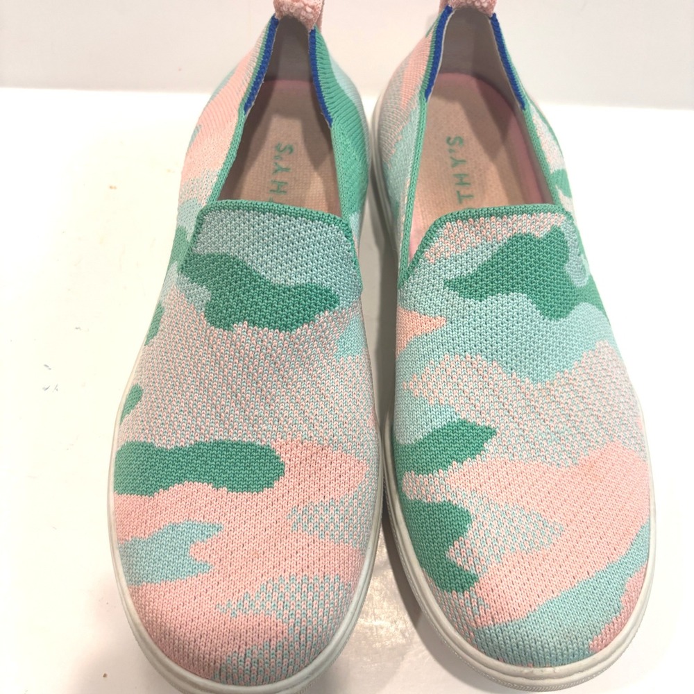 Rothys Kids Slip On Sneakers Pink Green Camo Knit Shoes Size 4